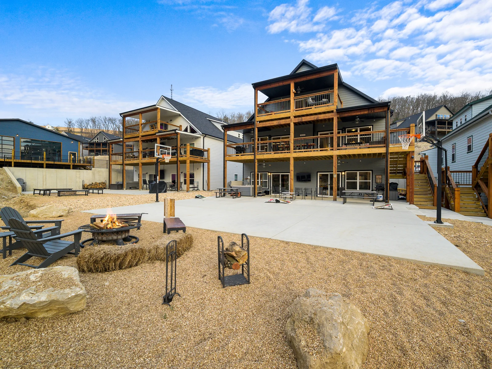 Spectacular outdoor entertainment space with hot tub and basketball court