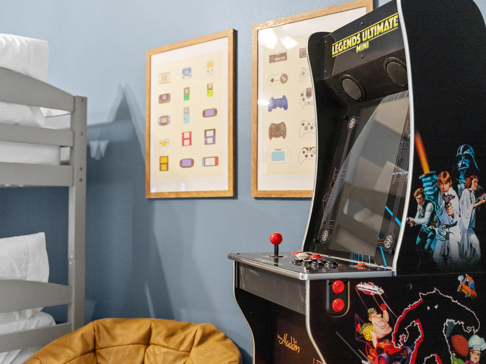 Epic adventures await with bunk beds and your own arcade machine!