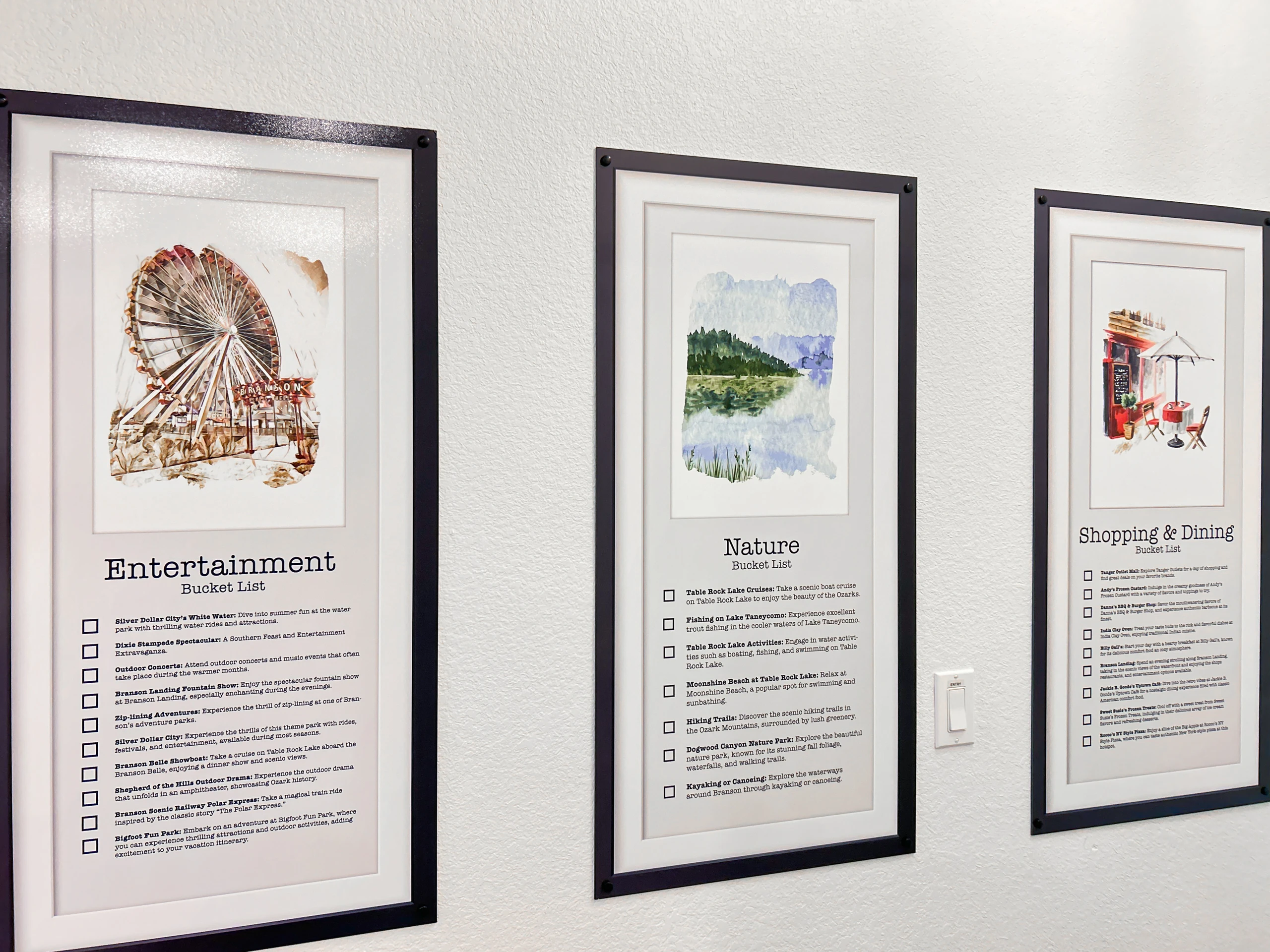Custom watercolor info boards greet you at the entrance!