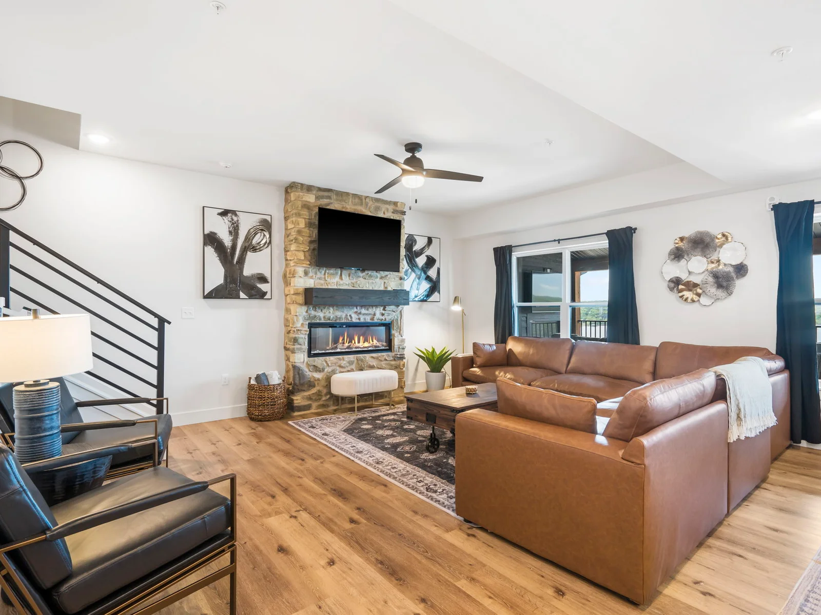 Open living space with electric fireplace