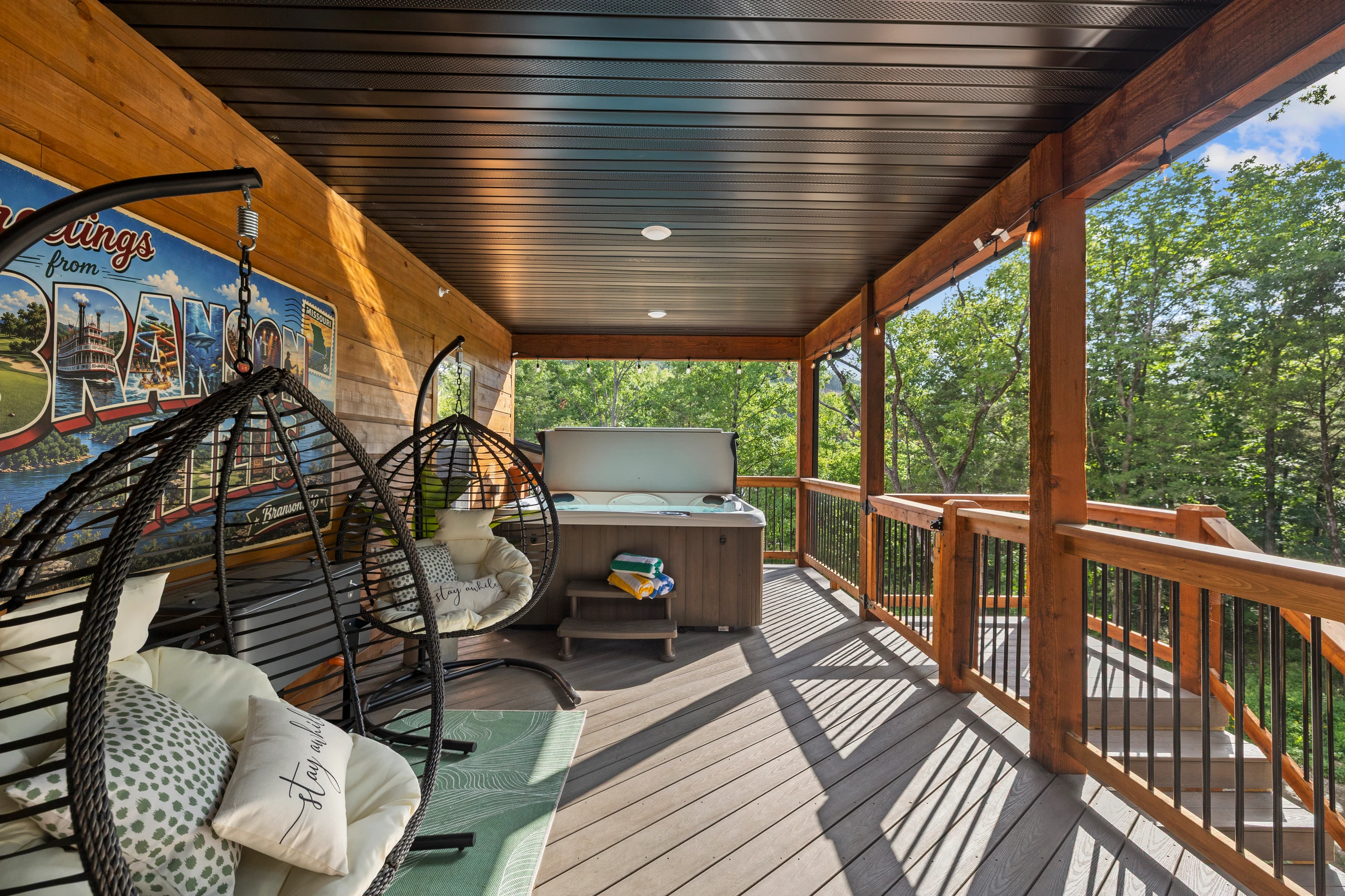 Warm light and comfy chairs as evening settles over the deck.