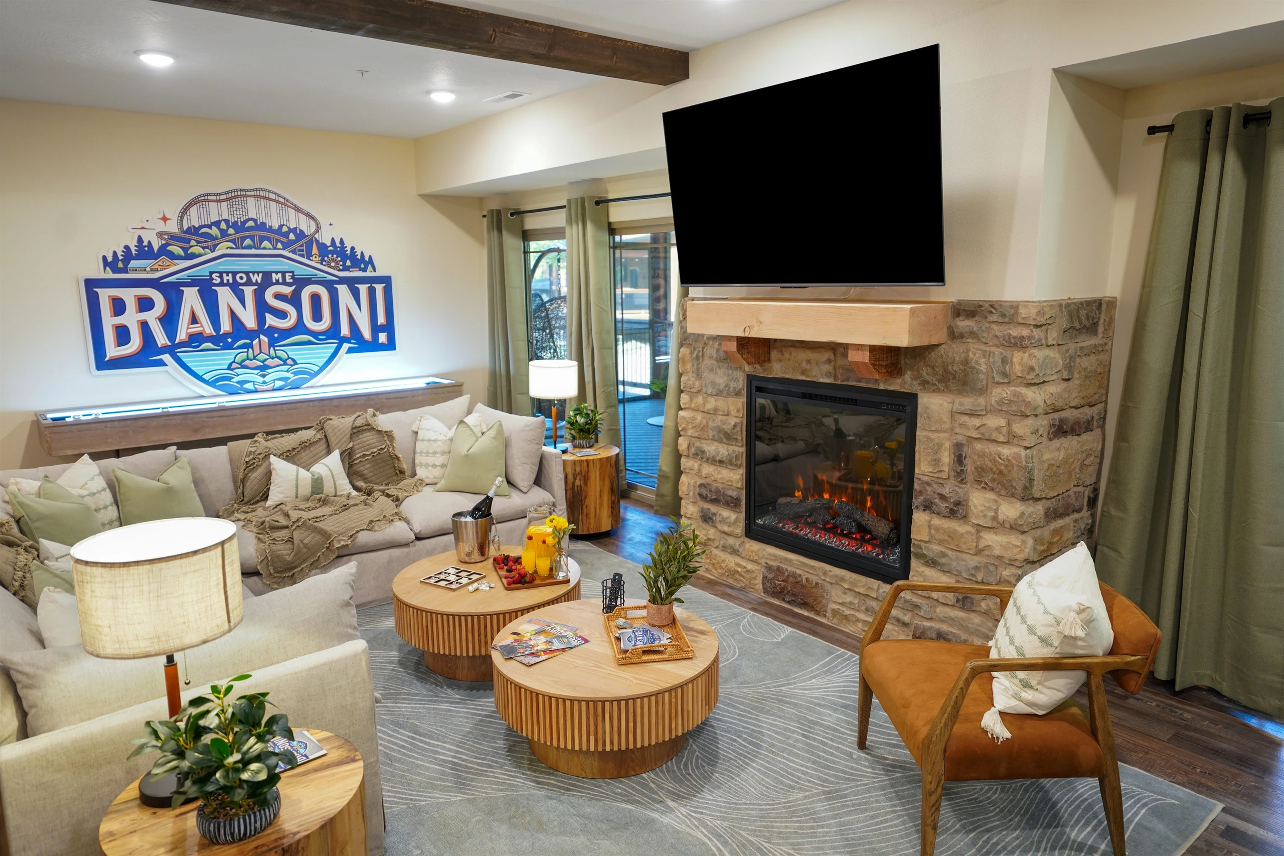 Cozy up to the electric fireplace, even in the summertime