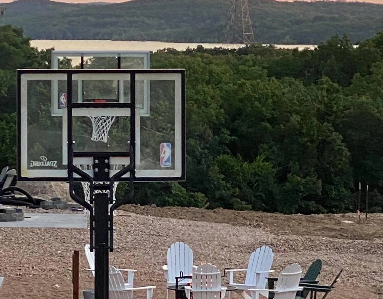 Private basketball court with lake view