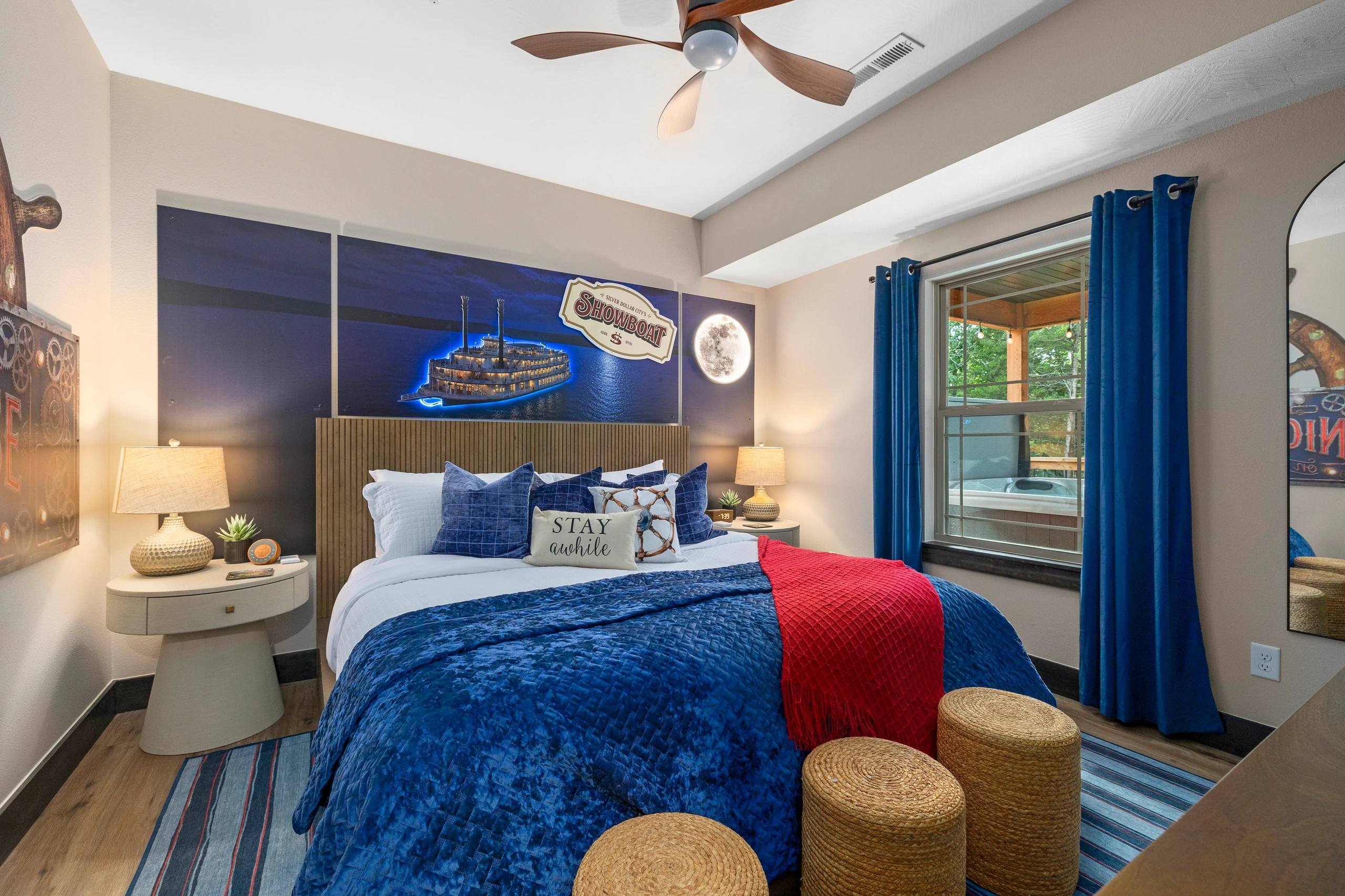 Turn in at the Riverboat in Moonlight Room, where a paddle-wheeler glows under the moon.