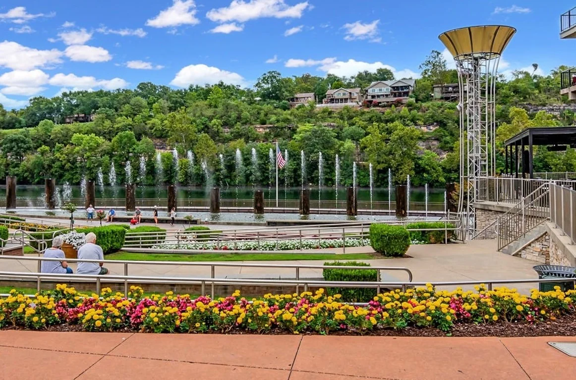 Relax by the fountains at Branson Landing after a day of sightseeing.