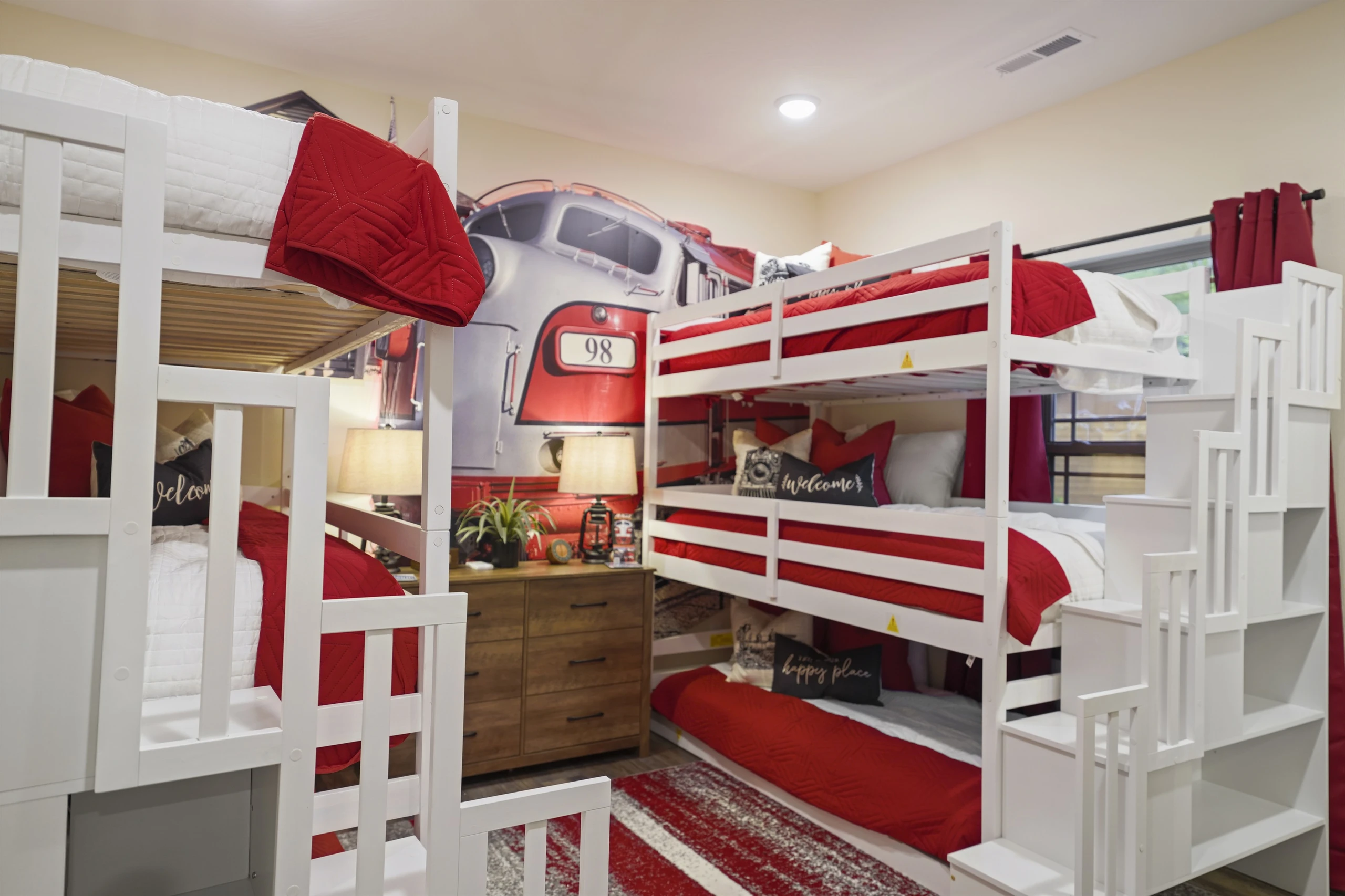 The bunk beds have handy steps and storage built in