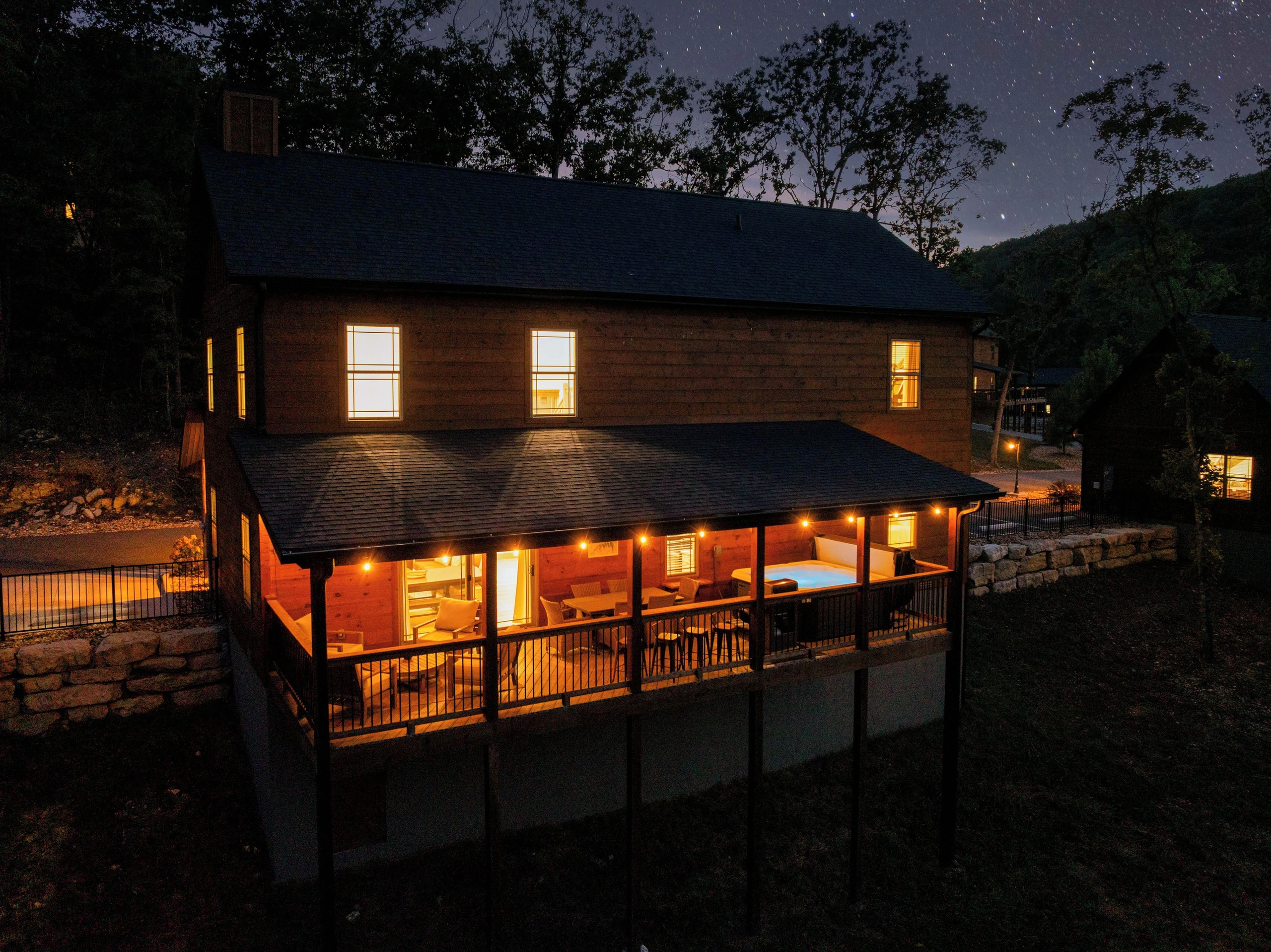 Back view of the cabin at dark.