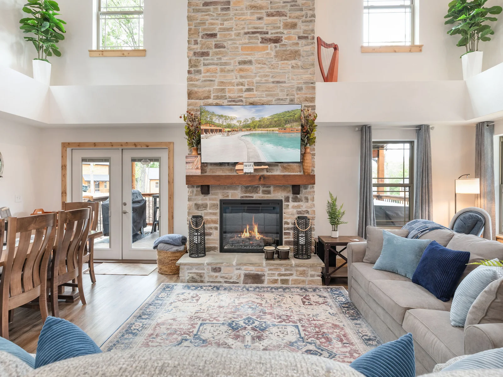 Cozy living and dining space with access to the deck