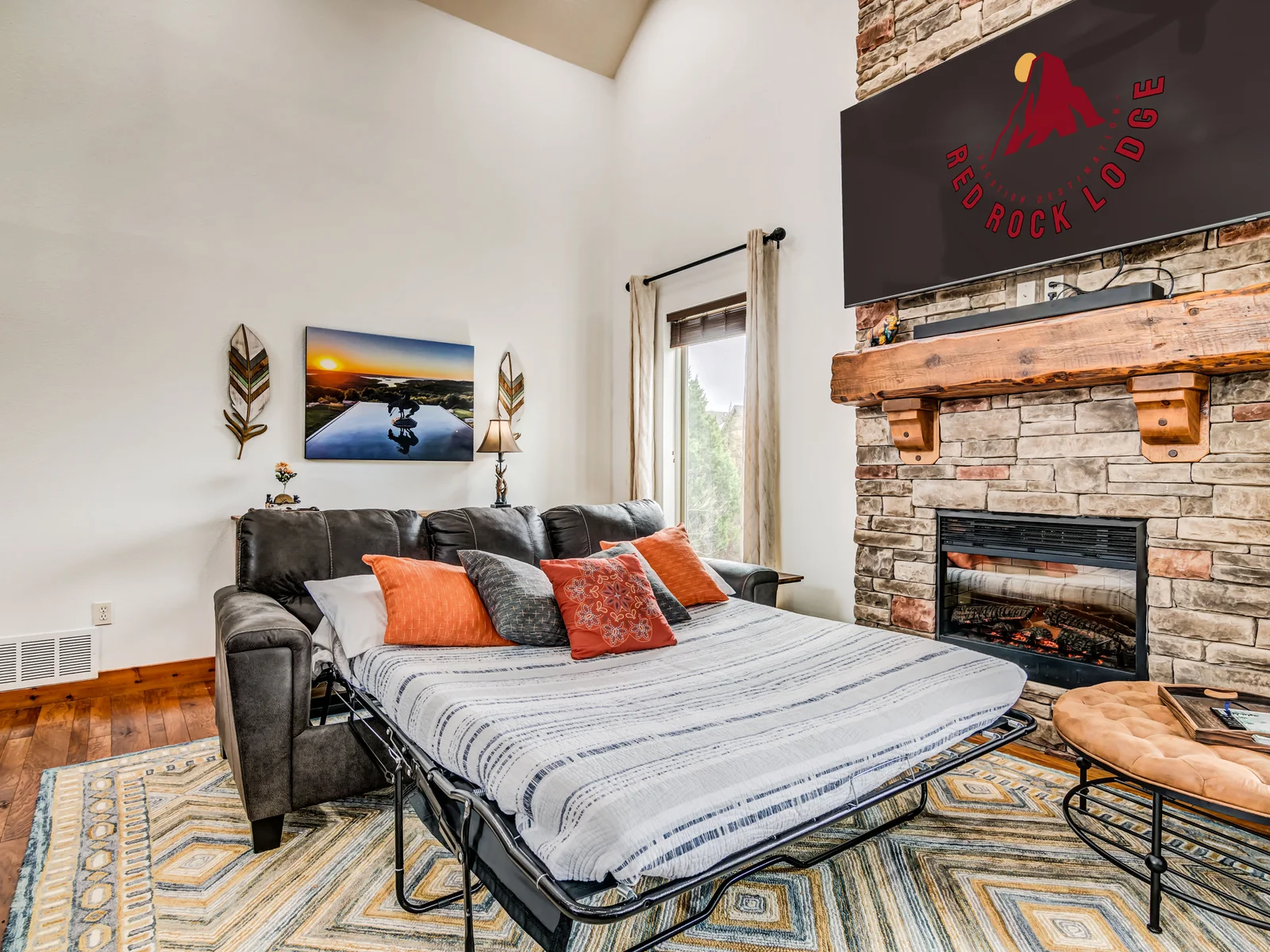 The main living room features a pull out sofa bed.