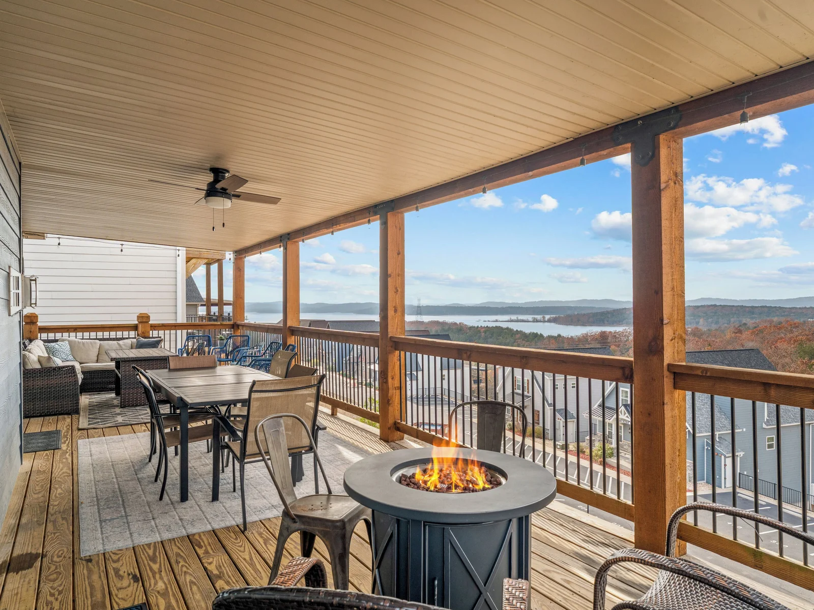 Enjoy a toasty fire with panoramic views of the lake
