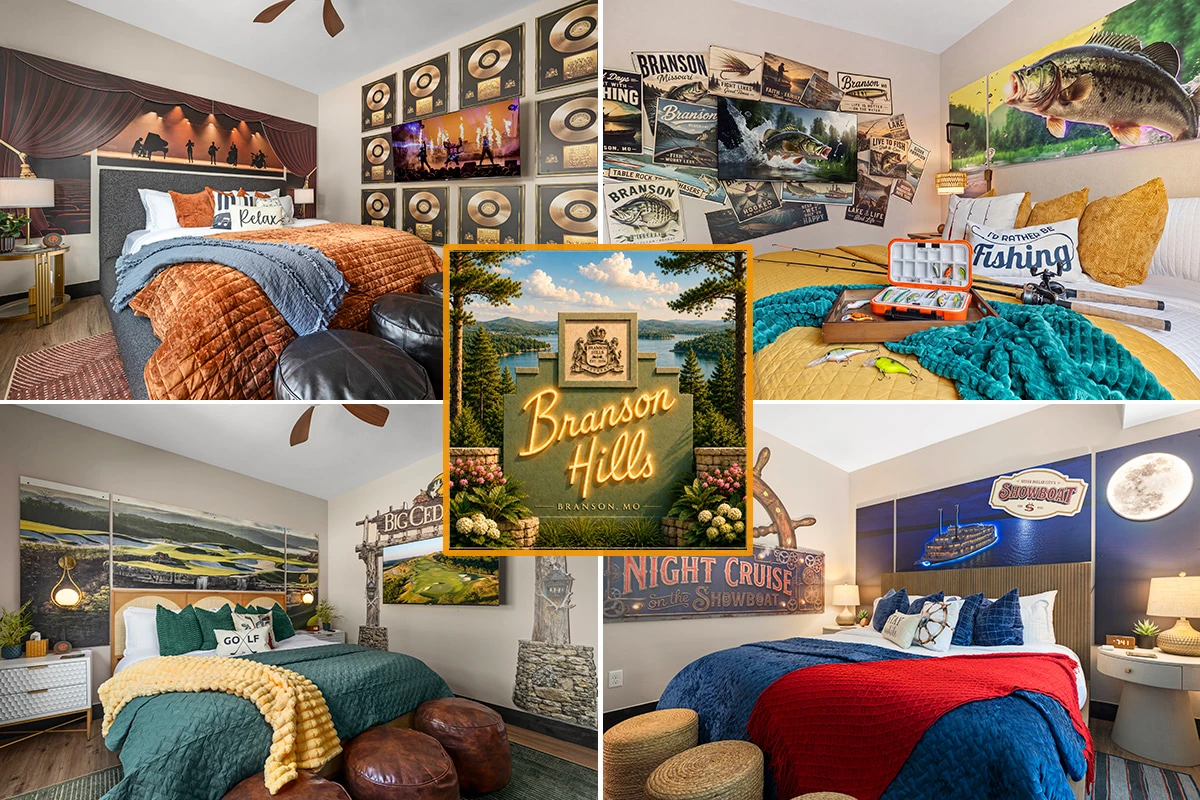 A peek at the themed bedrooms, Branson Hills badge included.