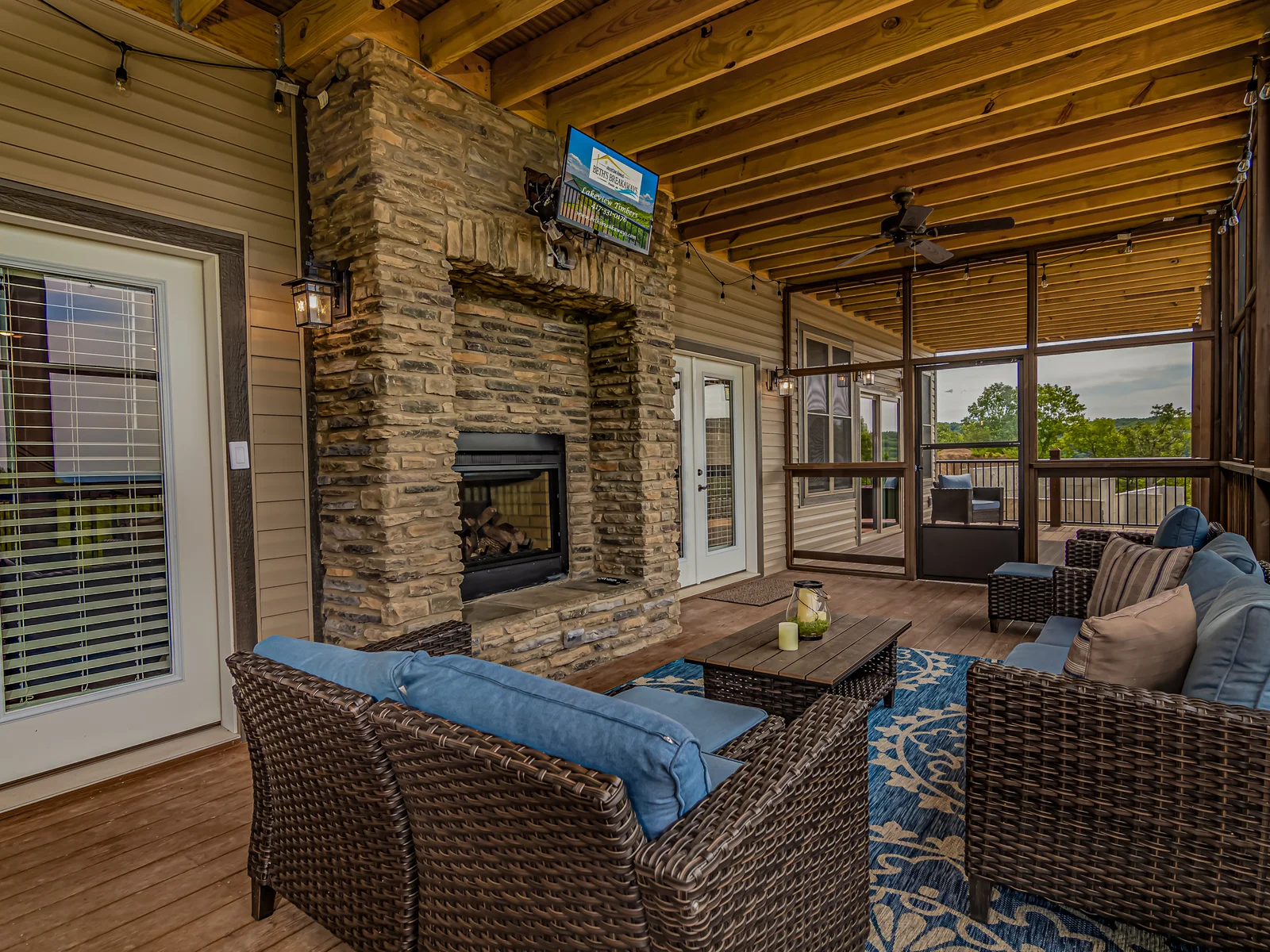 Screen deck for your enjoyment with fire place too!