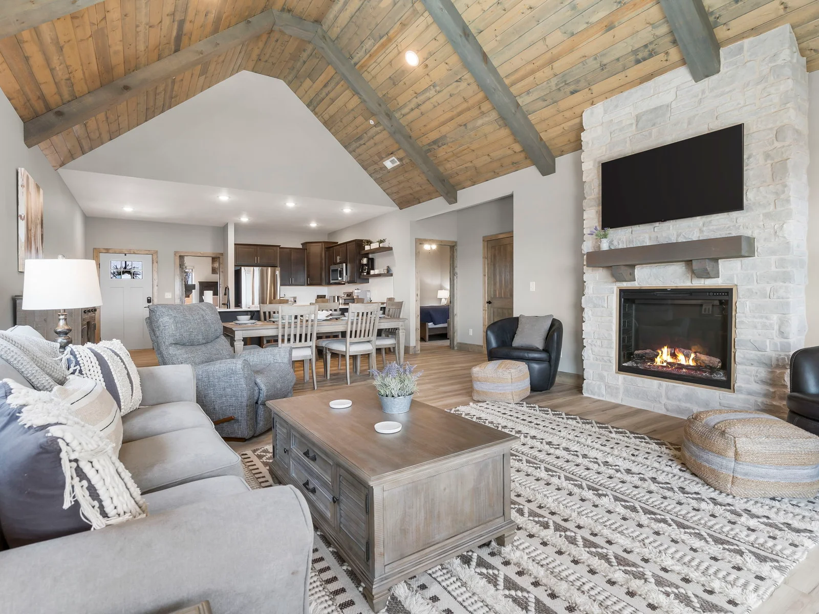 Electric fireplace in the living room. Another is in the King suite.
