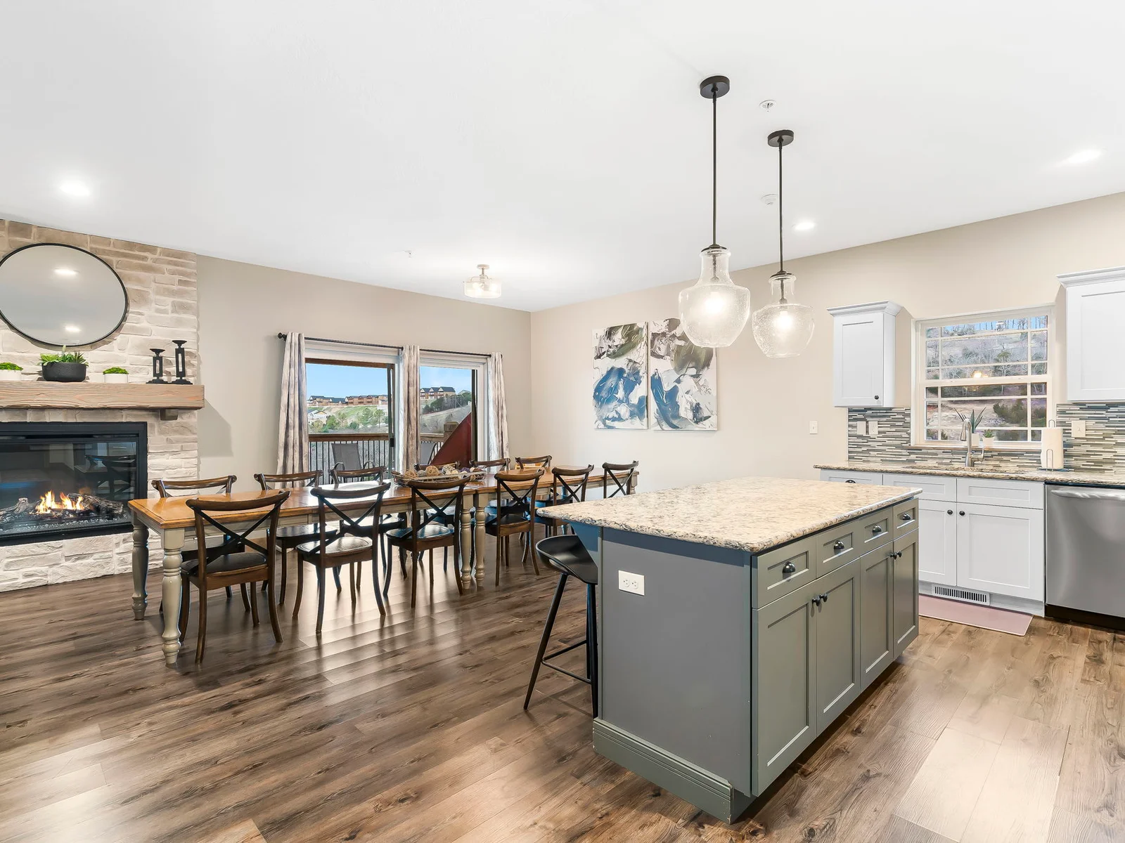 Open kitchen and dining room, with a wonderful electric fireplace!