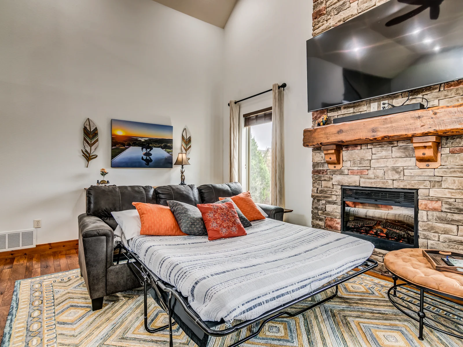 The main living room features a pull out sofa bed.