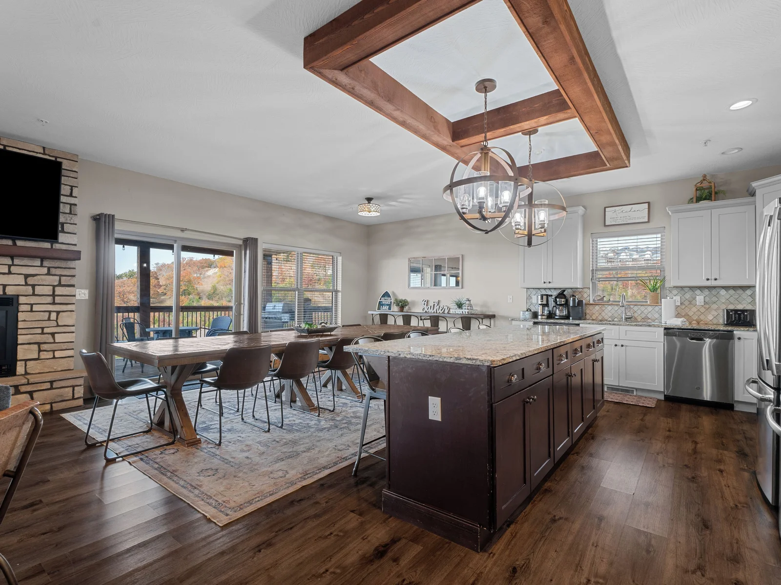 Main level kitchen. Two full-size refrigerators, two dishwashers, oven/ceramic glass cooktop, microwave, drip coffee maker, Keurig, and Nespresso. Stocked with small appliances, cookware, bakeware, utensils, dishes, glassware, mugs, and more!