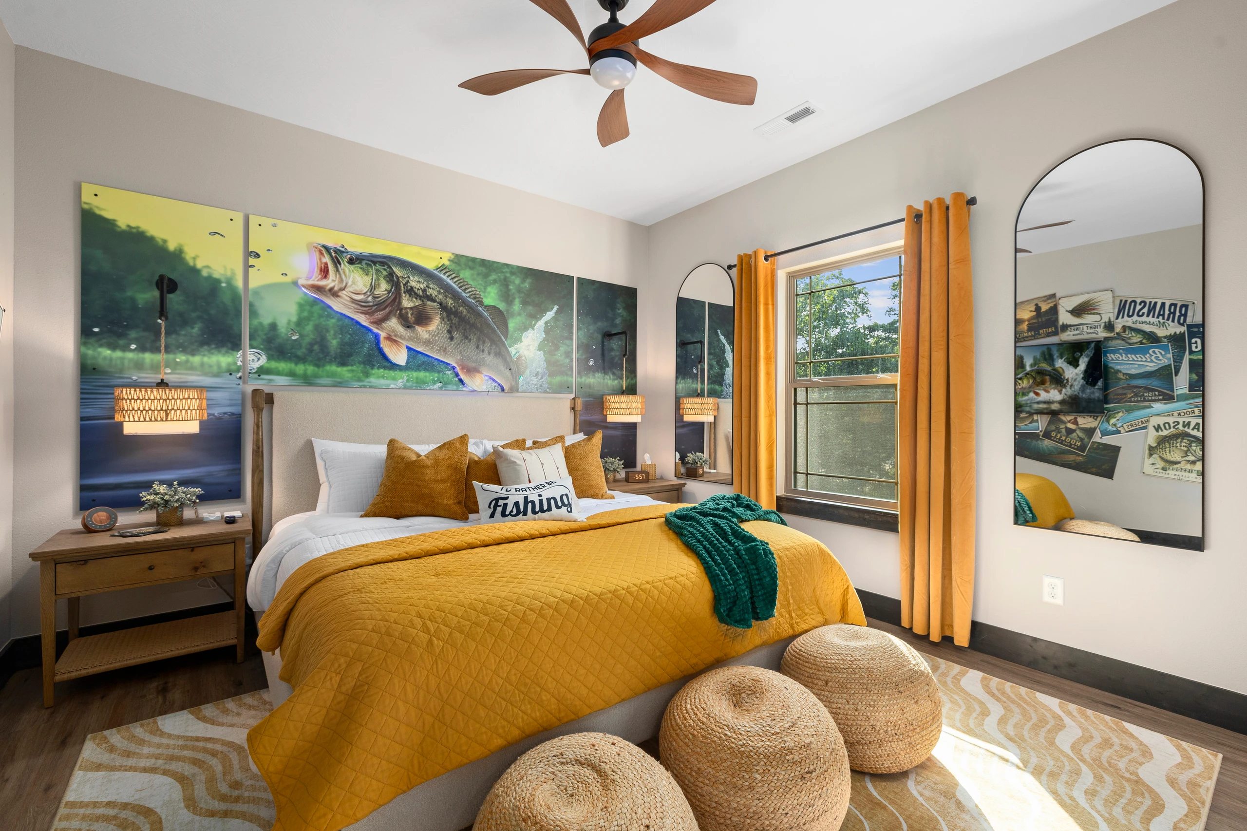 Rise and cast in the Sunrise Fishing Room, a king suite under a leaping-bass mural.