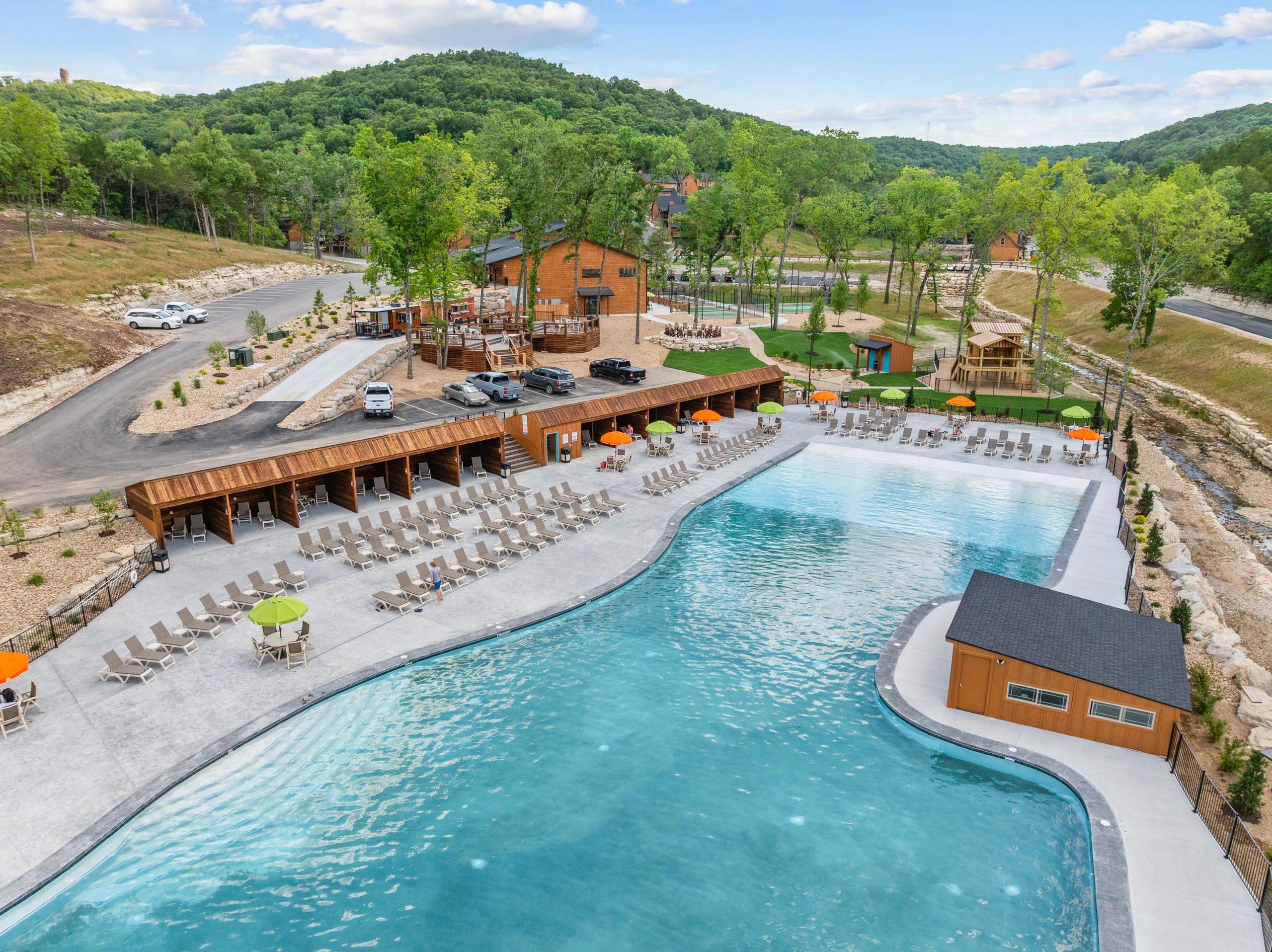 One of the largest outdoor pools in Southern Missouri, open through September! Zero entry, cabanas, food trucks, it's got it all!