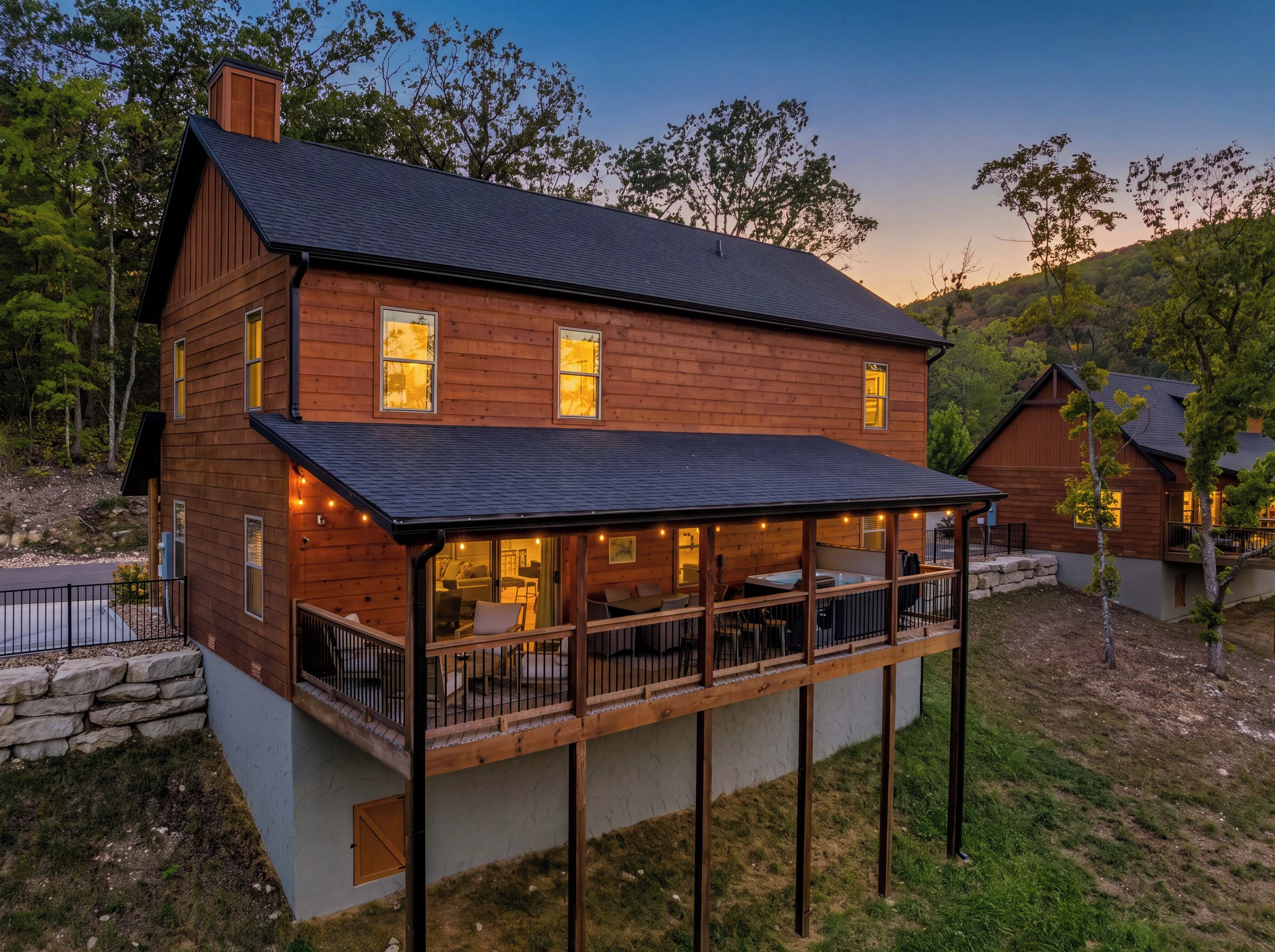 Back of cabin at night.