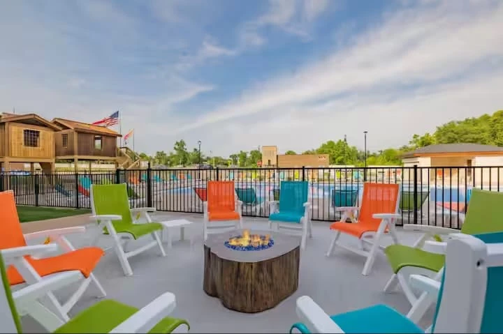 Community Gas fire pit by outdoor pool
